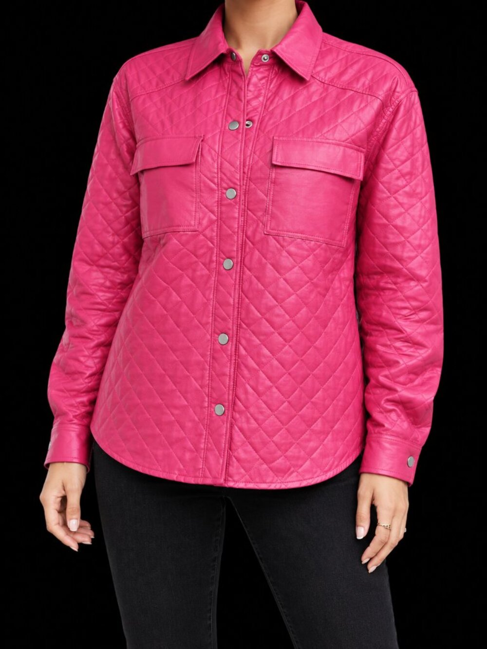 Oddi Women's Hot Pink Quilted Leather Button-Front Shacket Jacket, S